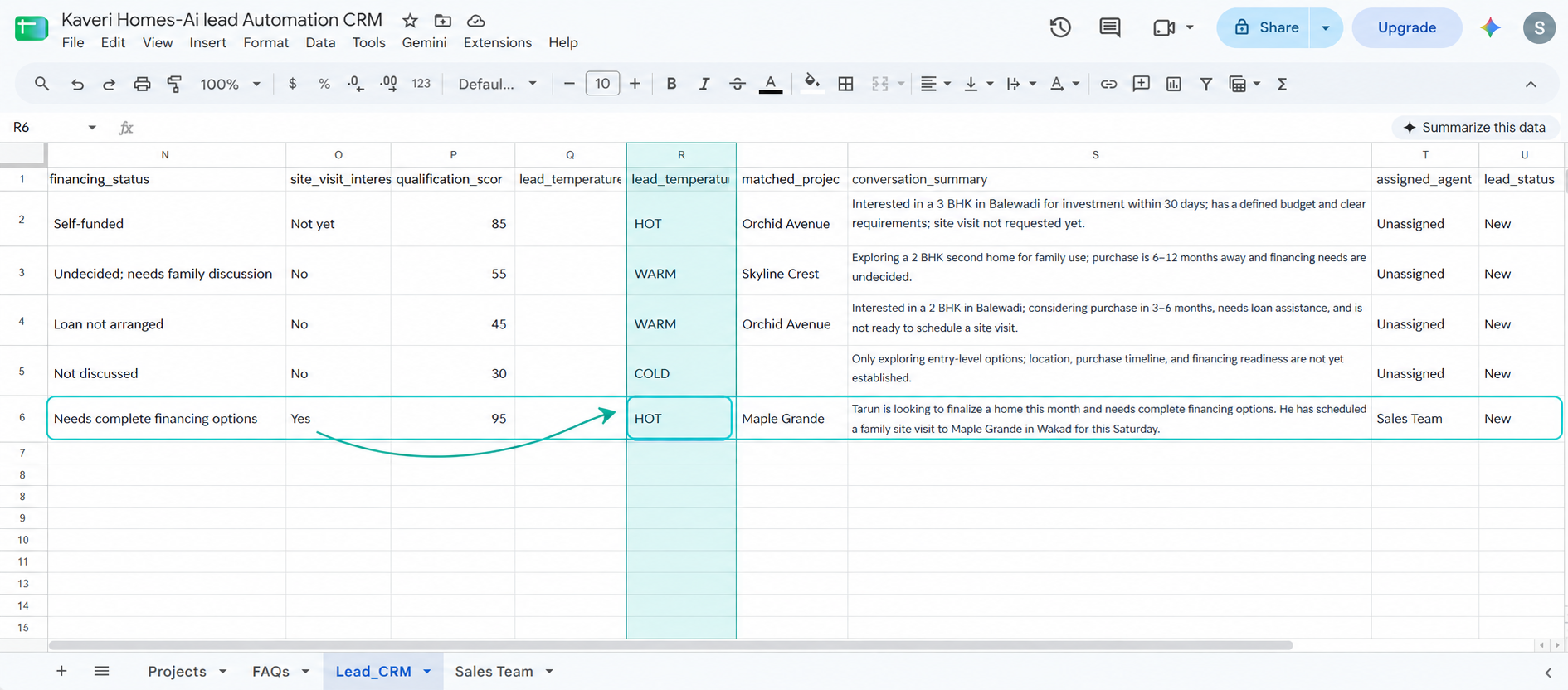 Highlighted lead CRM spreadsheet